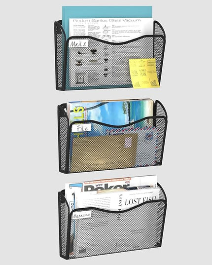 Wall File Organizer, Mesh Hanging File Organizer, Home Office Organization and Storage, 3 Single Pockets Document Magazine Rack