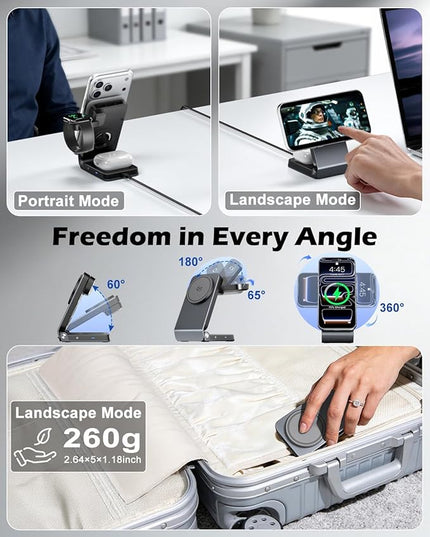 CloudValley 3-in-1 Magnetic Travel Wireless Charging Station, Qi2.2 25W Foldable Charging Stand with TEC Active Cooling Fan, Design for MagSafe iPhone 17/16, AirPods & Apple Watch（Adapter Included