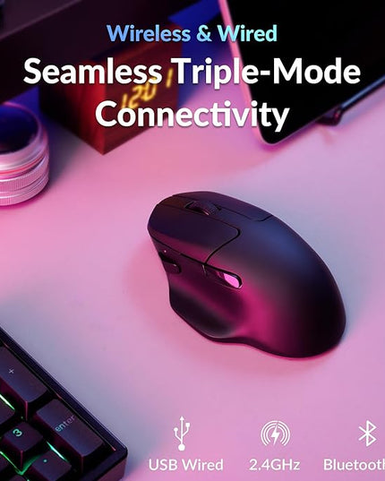 Keychron M7 8K Wireless Mouse, 30K DPI Optical Computer Mice, 2.4 GHz/Bluetooth/Wired with Macro Button 66g Lightweight Ergonomic, Up to 140 Hours Worktime for Laptop macOS/Windows - Black