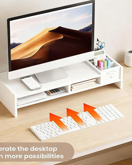 Two Tier Shelf Monitor Stand For Desk, 4.3 Inch Height Monitor Riser With Storage Organizer, Desktop Computer Riser, For Home