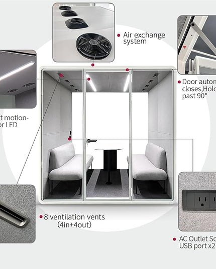 Soundproof Office Pod Booth, Quiet Meeting Pod with Acoustic Panels, Sound Proof Room with Desk, Portable Removable Working Booth for Private Phone Calling, Study, 4 People L Size H92in W91in D70in