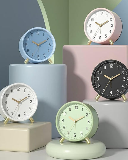 SHISEDECO Alarm Clock with Backlight, 4.5 inches Bedside Analog Non-Ticking Silent Small Deskclock with Arabic Numerals, Battery Operated Round Tableclock for Living Room, Bedroom (White)