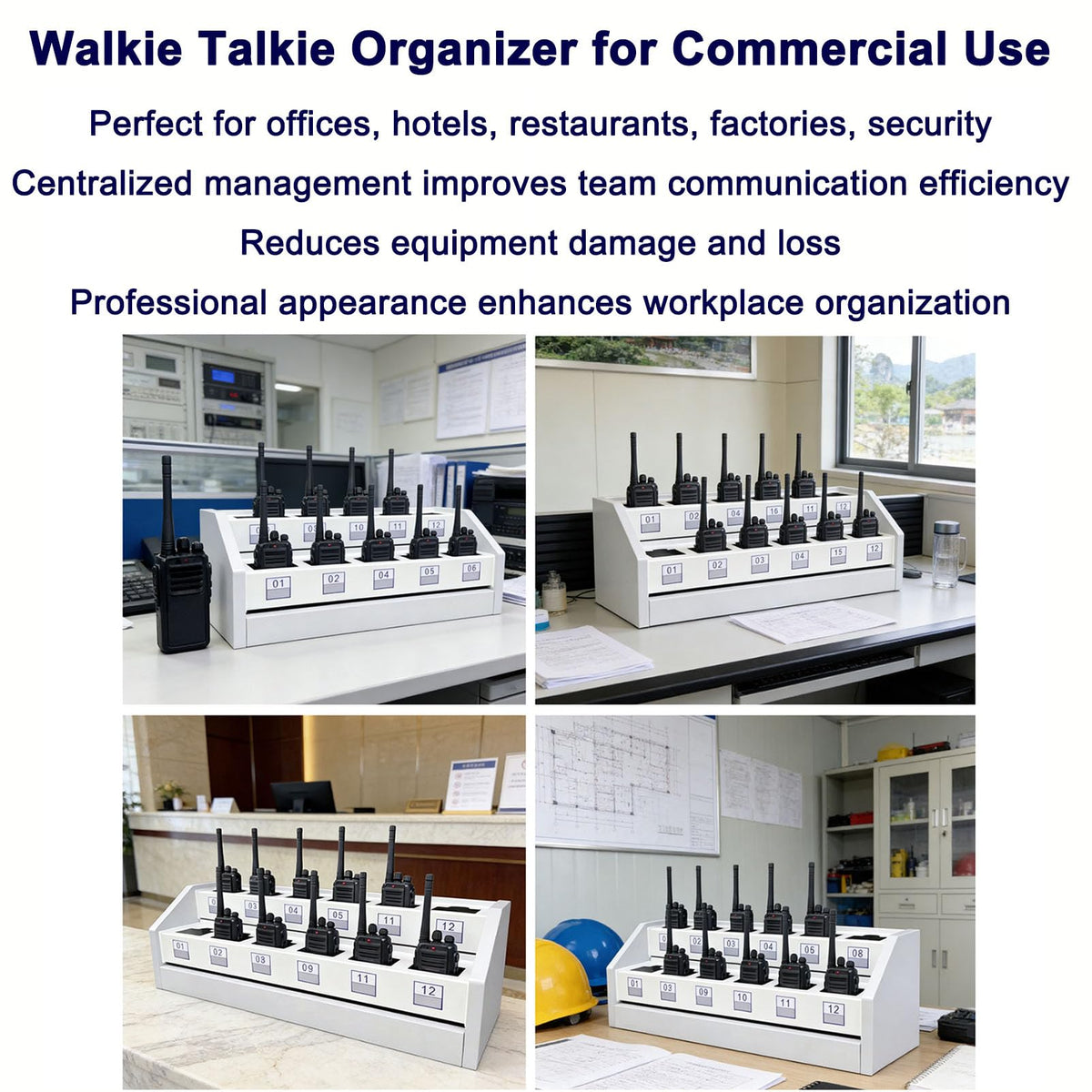 Walkie Talkie Holder Two Way Radio Bracket, Heavy Duty Steel Wood Two Way Radio Rack, Desktop Walkie Talkie Charging Station with Hidden Cable Management, Radio Organizer Stand