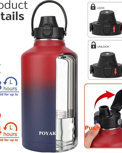 Water Bottle Insulated 32oz 40oz 64oz 128oz Straw Lid Spout Lid & 3 Lids, Leak Proof, Vacuum Insulated,Stainless Steel Water Bottle Wide Mouth for Sports, Gym or Office