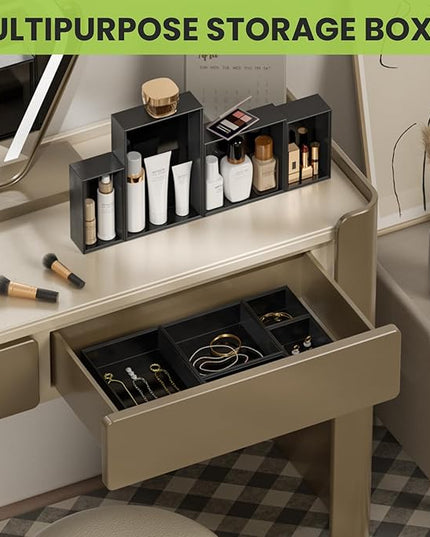 Bamboo Drawer Organizer Set, 5 PCS Multi-use Varied Sizes Junk Drawer Organizer Kitchen Storage Box for Office, Home, Bedroom, Bathroom, Black