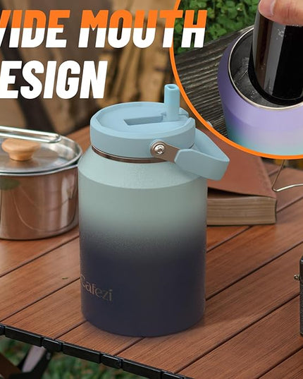 Half Gallon Insulated Water Bottle with Flip Straw, Vacuum Insulated Stainless Steel Jug with Top Handle, Leak-Proof Lid, Sweat-Free, Wide Mouth, Keeps Ice Cold up to 34 Hours
