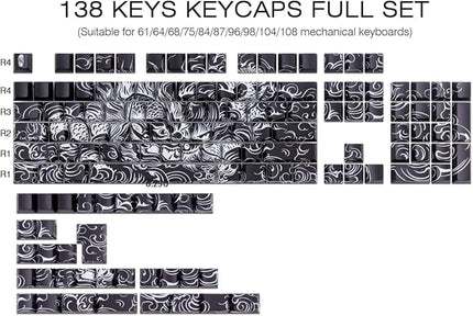 Tsungup Shine Through PBT Keycaps,138 Keys Custom Cool Dragon Pattern Side Printed Keycaps,Cherry Profile Key Caps Keyboard Keycap Set for 60% 65% 75% 80% 100% MX Switches Mechanical Keyboard(Black)