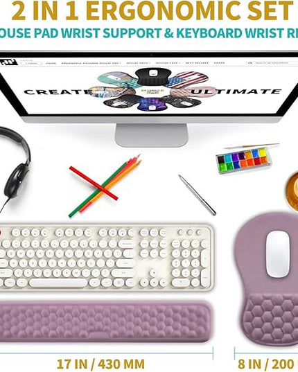 Hokafenle 2 in 1 Ergonomic Mouse Pad Wrist Support & Wrist Rest for Computer Keyboard Set, with Relieve Carpal Tunnel Pain Massage Bulge and Full Memory Gel Design (2In1 Set, Purple)