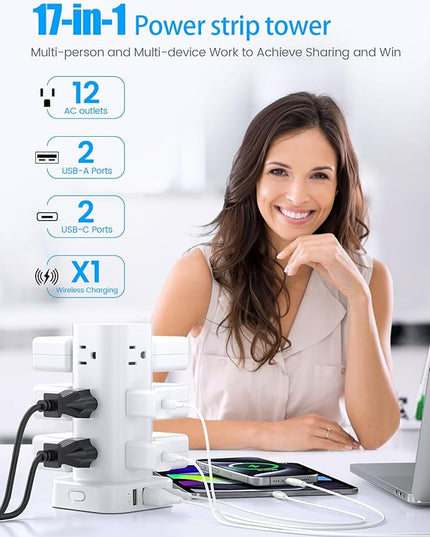 Tower Power Strip with 15W Wireless Charger, 6FT Flat Plug Extension Cord with Multiple Outlets, 12 AC Outlets, 4 USB Ports (2 USB C) Charging Station Surge Protector for Office Home Dorm Room (White)