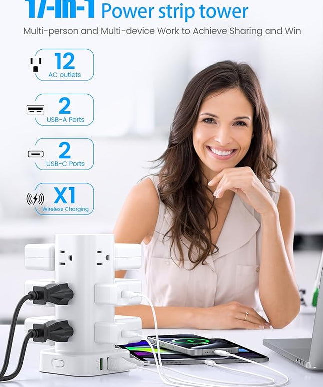 Tower Power Strip with 15W Wireless Charger, 6FT Flat Plug Extension Cord with Multiple Outlets, 12 AC Outlets, 4 USB Ports (2 USB C) Charging Station Surge Protector for Office Home Dorm Room (White)