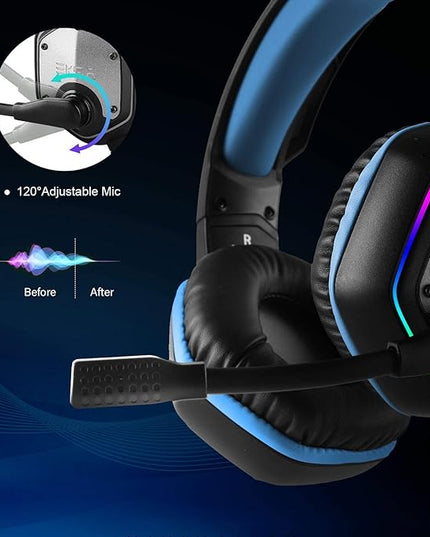 EKSA E1000 Gaming Headset, Computer Headphones with Noise Canceling Mic & RGB Light, 7.1 Surround Sound, Compatible with PC, PS4 PS5 Console, Laptop (Blue)