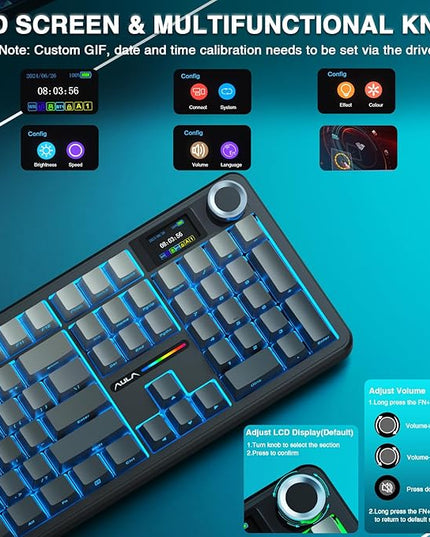 AULA F108 PRO - Wireless Mechanical Keyboard with Screen & Knob,Full Size Keyboard with 8000mAh Battery,Pre-lubed Switches,Side Printed PBT Keycaps,RGB Backlit Hot Swappable Custom Gaming Keyboards