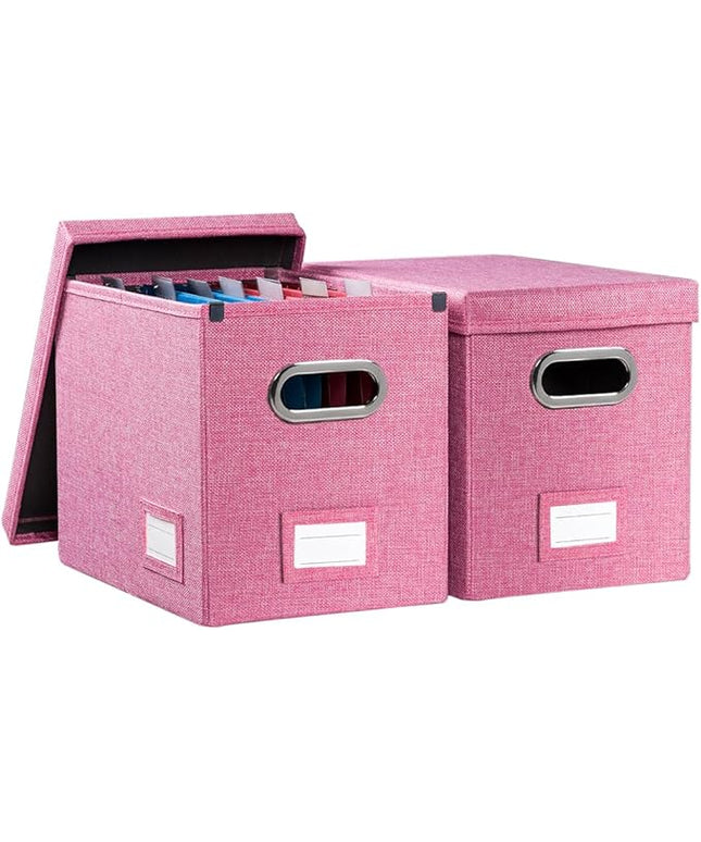 PRANDOM File Organizer Box - Set of 2 Collapsible Decorative Linen Filing Storage Hanging File Folders with Lids Office Cabinet Letter Size Pink (14x9.3x10.8 inch)