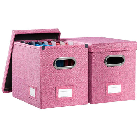 PRANDOM File Organizer Box - Set of 1 Collapsible Decorative Linen Filing Storage Hanging File Folders with Lids Office Cabinet Letter Size Pink (14x9.3x10.8 inch)