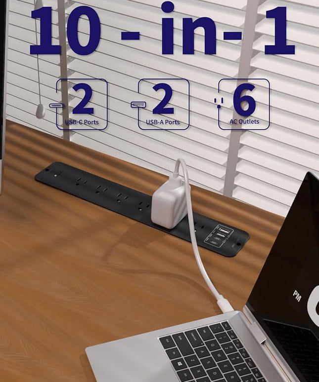Recessed Power Strip Extension - 10 Outlet Surge Protector with 6 AC - 2 USB-A（18W） and 2 USB-C（PD20W） Ports - Flush Mount Desk Outlet with 6 Feet Cord - for Conference Table (Black)