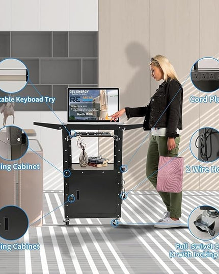 Upgraded AV Cart, Adjustable-Height Steel AV Cart with Locking Cabinet and Pullout Keyboard Tray, Rolling Media Cart with Wheels & Power for Computer Laptop Projector Printer (Black/43"x18"x43")