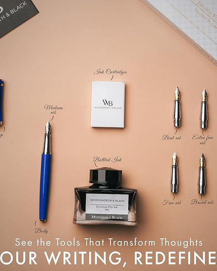 Wordsworth & Black Fountain Pen Gift Set, Includes Bottle, 6 Cartridges, Refill Converter, 4 Replacement Nibs, Premium Package, Journaling, Calligraphy, Smooth Writing Pens [Blue Chrome]