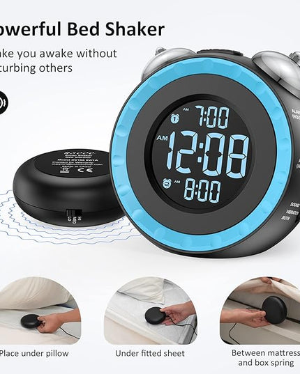 uscce Loud Dual Alarm Clock with Bed Shaker - 0-100% Dimmer, Vibrating Alarm Clock for Heavy Sleepers or Hearing Impaired, Easy to Set, USB Charging Port, Snooze, Battery Backup (Blue)