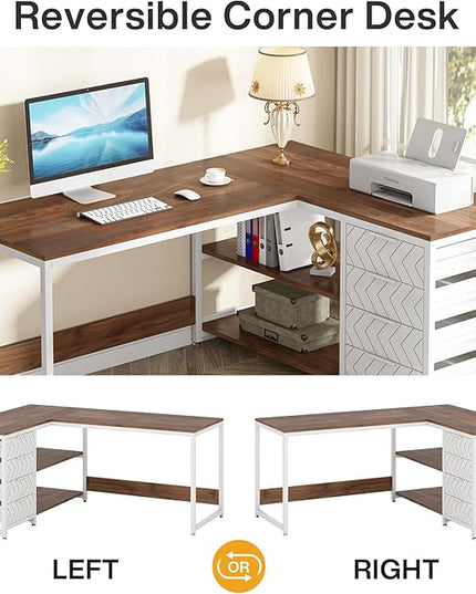 Tribesigns L Shaped Computer Desk with Storage Drawers, 59 inch Corner Desk with Shelves, Reversible L-Shaped Office Desk Study Writing Table Workstation for Home Office, Walnut & White