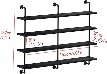 Floating Shelves for Wall Bookshelf Industrial Pipe Shelving Shelves 60 Inch Natural Wood Planks Rustic Wall Shelves Hanging Bookshelves Farmhouse Kitchen Shelving Black