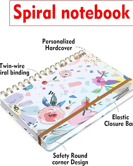 Spiral Journal Notebook for Women, Hardcover A5 College Ruled Notebook, 120 Pages, Thick Paper, Cute Lined Journal for School, Office & Work, 6 x 8.4 in(Artistic Floral)