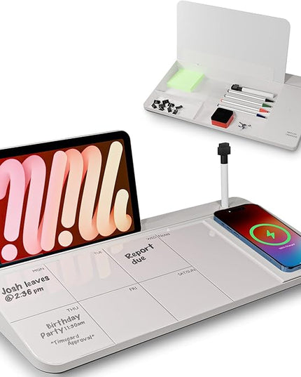 NEXTLUXE Glass Desk Whiteboard with Wireless Charger - Desktop Whiteboard with Storage, Weekly Planner, Dry Erase Pad, Organizer Drawer for Home, School, Office Gadgets – White