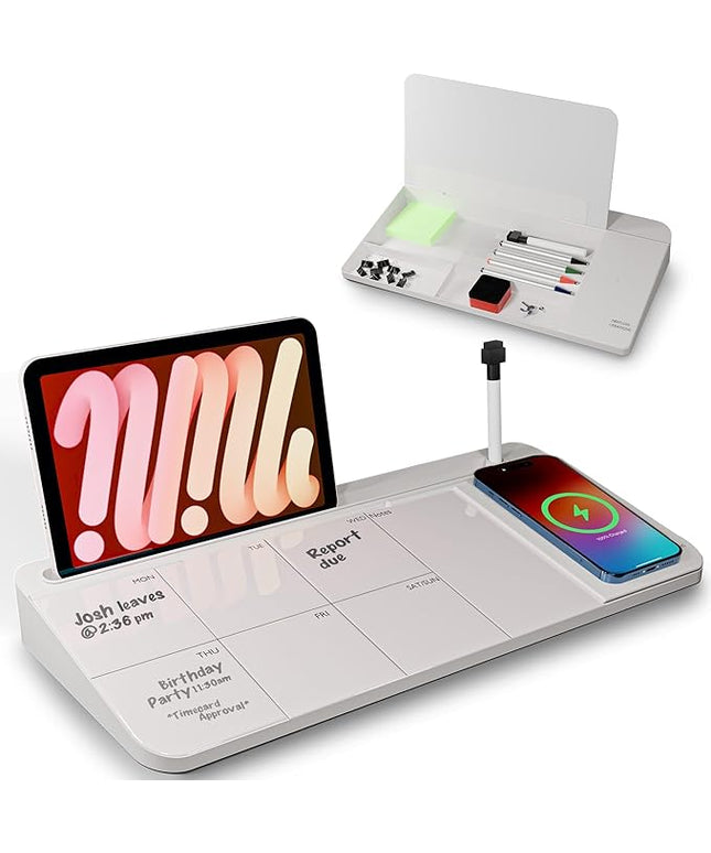 NEXTLUXE Glass Desk Whiteboard with Wireless Charger - Desktop Whiteboard with Storage, Weekly Planner, Dry Erase Pad, Organizer Drawer for Home, School, Office Gadgets – White