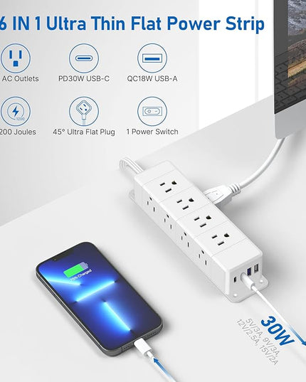 30W USB C Power Strip Surge Protector,4 Side 12 Outlets Desk Power Strip with Ultra Thin Flat Plug,PD Fast Charing,2 USB-C,2 USB-A(USB Total 40W),10ft Flat Extension Cord with Multiple Outlets,1200J