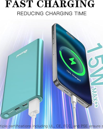 BONAI Portable Charger 12,000mAh 5V/3A Fast Charging Power Bank, Dural Input & Output Ports (USB-C in & Out) Portable Phone Charger for iPhone 17/16/15/14/13/12 Series Galxy Android iPad etc - Mint