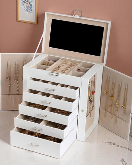 BOOVO Jewelry Box For women, 6 Layer Large Jewelry Organizer With Mirror, Multi-Function Storage Box With Lock, Necklace Holder With 5 Drawers, For Earrings Necklace Bracelet (Silver and White)