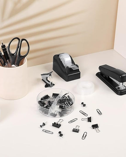 SKYDUE Black Office Supplies Set, Black Desk Accessories, Stapler, Tape Dispenser, Scissors, Binder/Paper Clips and 1000pcs Staples, Desk Supplies Set