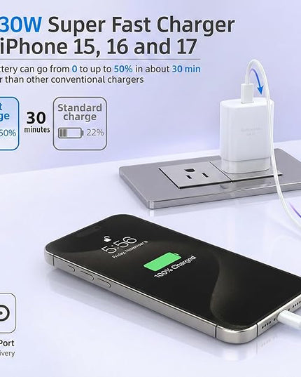 USB-C Block 30W PD Super Fast Charging Block Type C Plug Wall Adapter, USB C Phone Charger with 6ft Fast Cable Cord for iPhone 17, 17 Air, 17 Pro, 17 Pro Max,16, 15, iPad Pro 12.9/11 Galaxy-1Pack