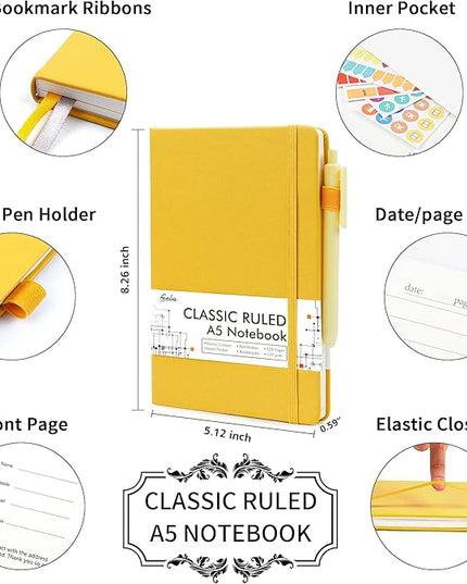 12 Pack Notebooks Journals Bulk with 12 Black Pens, Feela A5 Hardcover Notebook Classic Ruled Journal Set with Pen Holder for School Business Work Travel Writing, 120 GSM, 5.1”x8.3”, Yellow