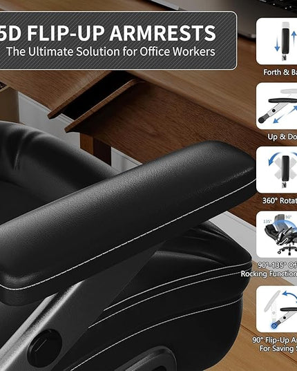 Big and Tall Office Chair, 600lbs Heavy Duty Desk Chair with 5D Arms, Adjustable Lumbar Support & Height, Tilt Function, PU Leather High Back Ergonomic Executive Computer Chair with 3'' Silent Casters