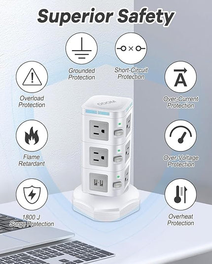 Power Strips Surge Protector 1800J, ODOM Power Strip Tower with 15W Wireless Charger, 13A,4 USB Ports + 10 AC Outlets + 6 Ft Retractable Extension Cord,Plug Outlet Charging Tower for Home Office