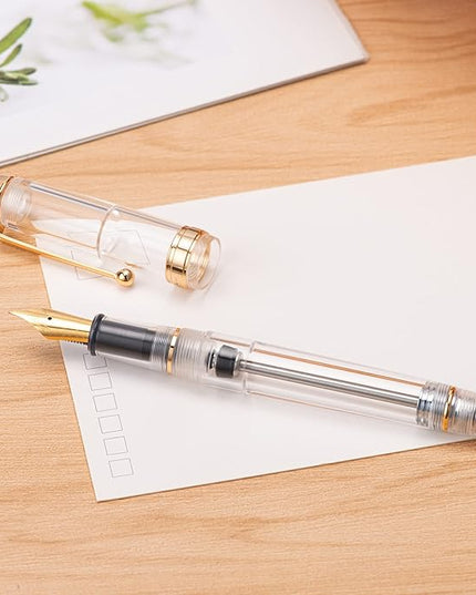 Asvine V126 Vacuum Filling Fountain Gold Plated Fine Point, Clear Demonstrator Pen, Large-Capacity with Gift Case