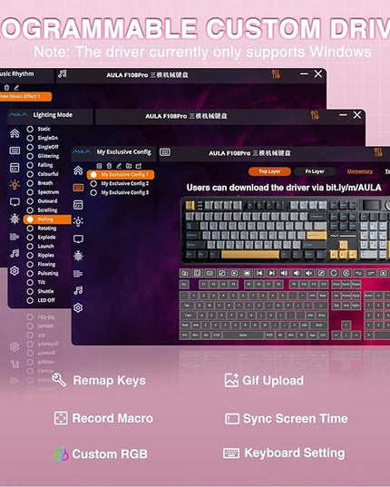 AULA F108 PRO - Wireless Mechanical Keyboard with Screen & Knob,Full Size Keyboard with 8000mAh Battery,Pre-lubed Switches,Side Printed PBT Keycaps,RGB Backlit Hot Swappable Custom Pink Keyboards