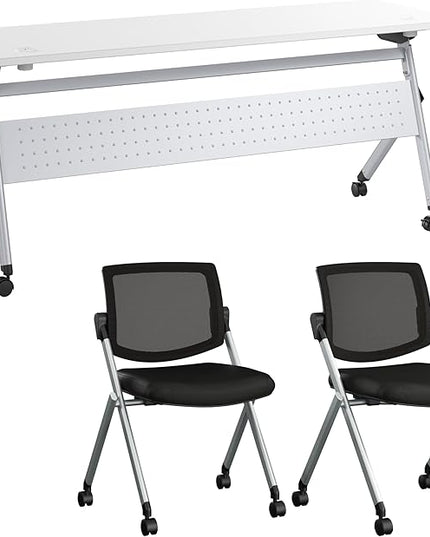 Bush Business Furniture Folding Training Table Set for 2, 72 inch Desk with Powered Grommets and 2 Chairs, Commercial-Grade Bundle for Office or Classroom, Envision Collection, White