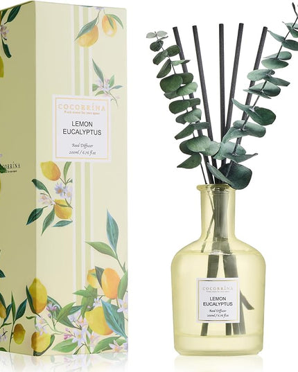 COCORRÍNA Lemon Eucalyptus Reed Diffuser – 6.76 oz Essential Oil with Sticks & Dried Eucalyptus Branches, Home Fragrance for Bedroom or Bathroom Décor