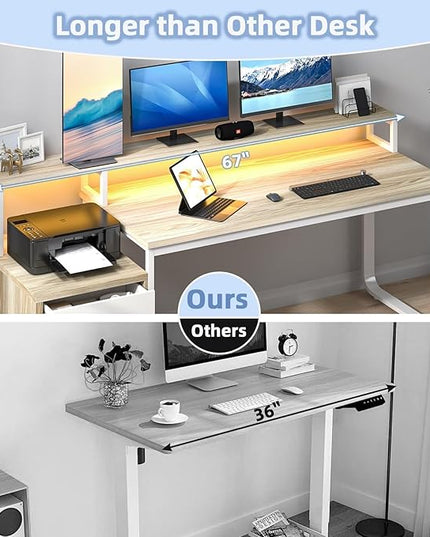 Office Desk with 3 Drawers, 67 Inch Computer Desk with Long Monitor Stand & Printer Shelf, Reversible Long Desk with Storage Shelves & LED Light, White and Walnut