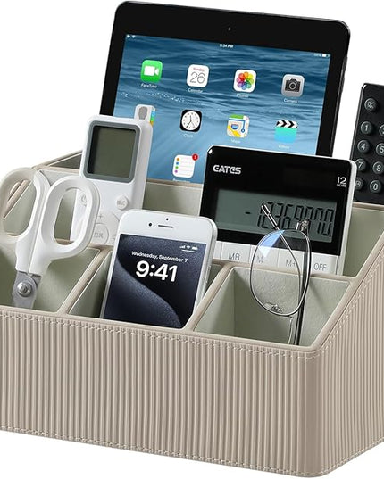 Cretkhp Remote Control Holder with 5 Compartments for Office Art Supplies, PU Leather Nightstand Organizer Pencil Pen Desk Caddy for Home, Desktop TV Remote Control Organizer Storage (Striped Beige)