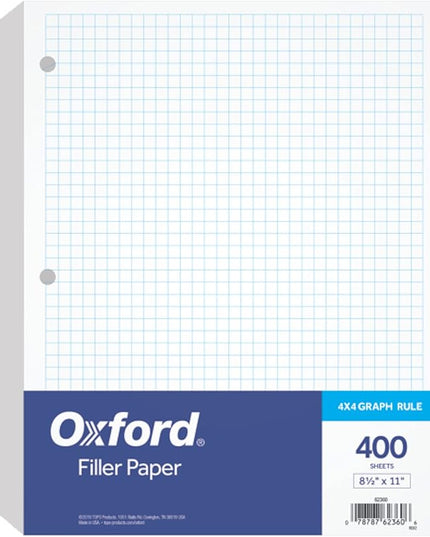 Oxford Filler Paper, 8-1/2" x 11", 4 x 4 Graph Rule, 3-Hole Punched, Loose-Leaf Paper for 3-Ring Binders, 400 Sheets Per Pack (62360),White