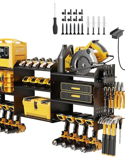 45" Power Tool Organizer Wall Mount with Charging Station - 3 Layer Storage Racks with 8 Cordless Drill Holder, 4 Hooks, Heavy Duty Garage Tool Organizer Storage for Workshop Shed Pegboard Basement