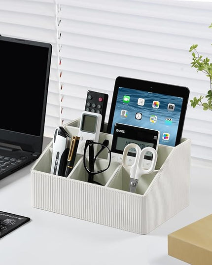 Cretkhp Remote Control Holder with 5 Compartments for Office Art Supplies, PU Leather Nightstand Organizer Pencil Pen Desk Caddy for Home, Desktop TV Remote Control Organizer Storage (Striped Ivory)