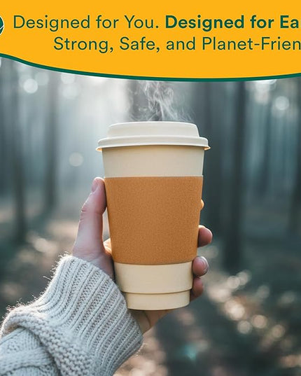 ECO SOUL 50 Pack 16 oz Disposable Coffee Cups with Lids & Sleeves Eco-Friendly, Biodegradable, Compostable, Leak-free & Sturdy To Go Hot Drink Cup for Tea, Chocolate Party Travel Cafe Office & Home