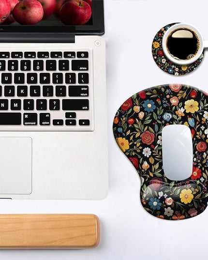 Ergonomic Mouse Pad with Wrist Support,Mouse Pad with Wrist Rest and Coaster Set,Office Supplies Non-Slip Mouse Pads for Desk, Non-Slip Comfortable,Black Floral