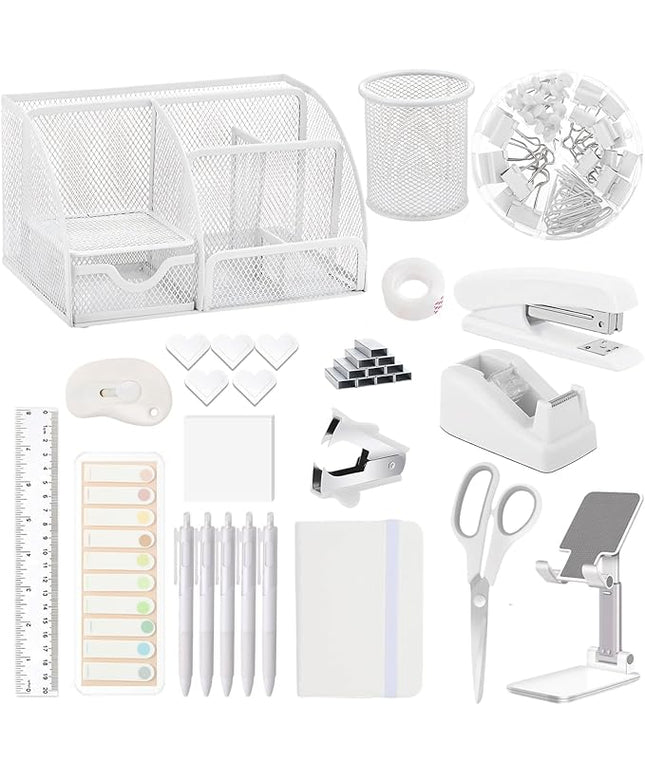 Office Supplies,Desk Accessories,Stapler and Tape Dispenser Set,1000 Staples,Staple Remover,Pen Holder,Folding Phone Holder,Journal Notebook,Ballpoint Pen,Scissor,Ruler,Clear Tape,Sticky Notes,Ect