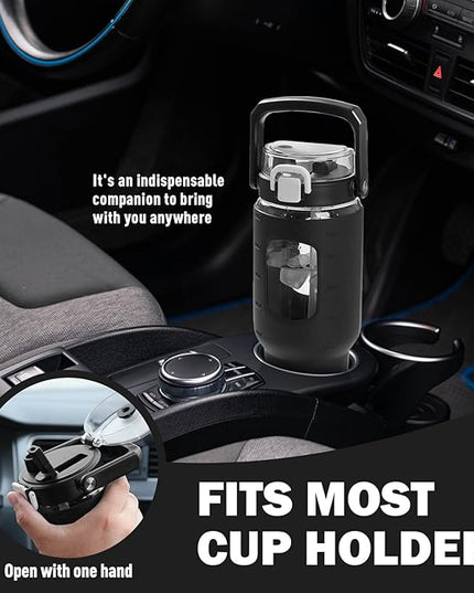 BLUEGO 40oz Glass Tumbler with Lid and Straw, Glass Water Bottles with Handle, Glass Cup with Time Marker and Silicone Sleeve, Fits Most Cup Holder, Leak-proof, Black