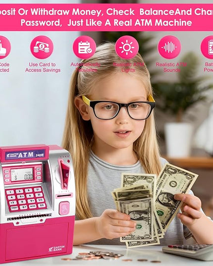 ATM Piggy Bank with Card and Password, Electronic Savings Bank Machine for Real Money, Mini ATM Coin and Cash Deposit Box with Target Setting, Clock and Sound – Pink Dollar Edition