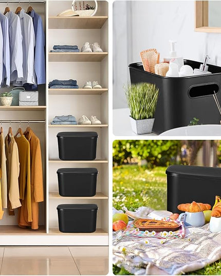 Hoolerry 8 Pieces Colorful Storage Bins with Lid, Plastic Storage Basket Organizing Container Stackable Box with Handle for Shelves Desktop Playroom Office(9.8 x 7.1 x 6.3 Inch,Black)